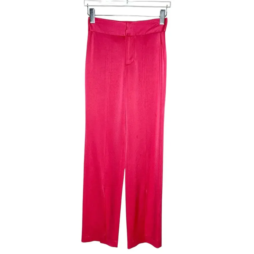Alice + Olivia 4 Jody High Waisted Front Slit Satin Trouser Pant Wide Leg Pink - Picture 2 of 10